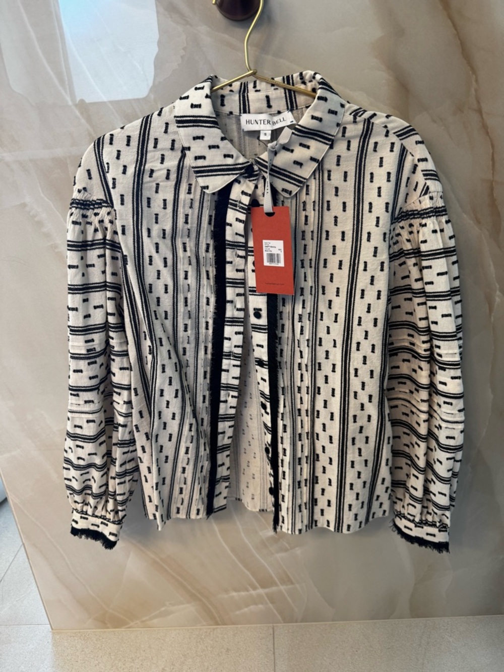 HUNTER BELL Black and White Striped Dot Button-Front Top
